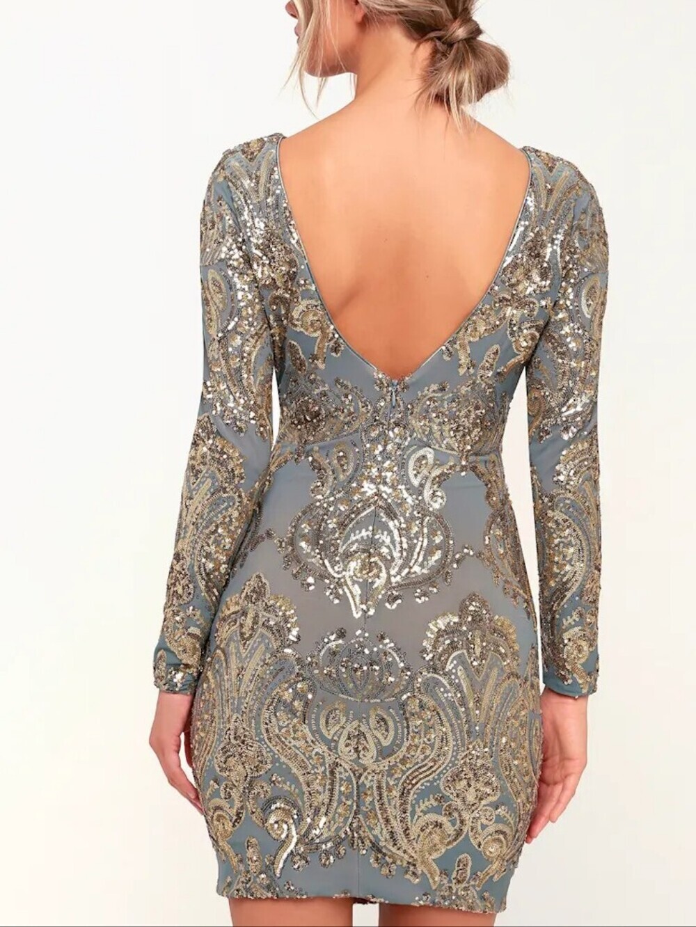 Dress the Population Lola Light Blue and Gold Sequin Long Sleeve Bodycon Dress